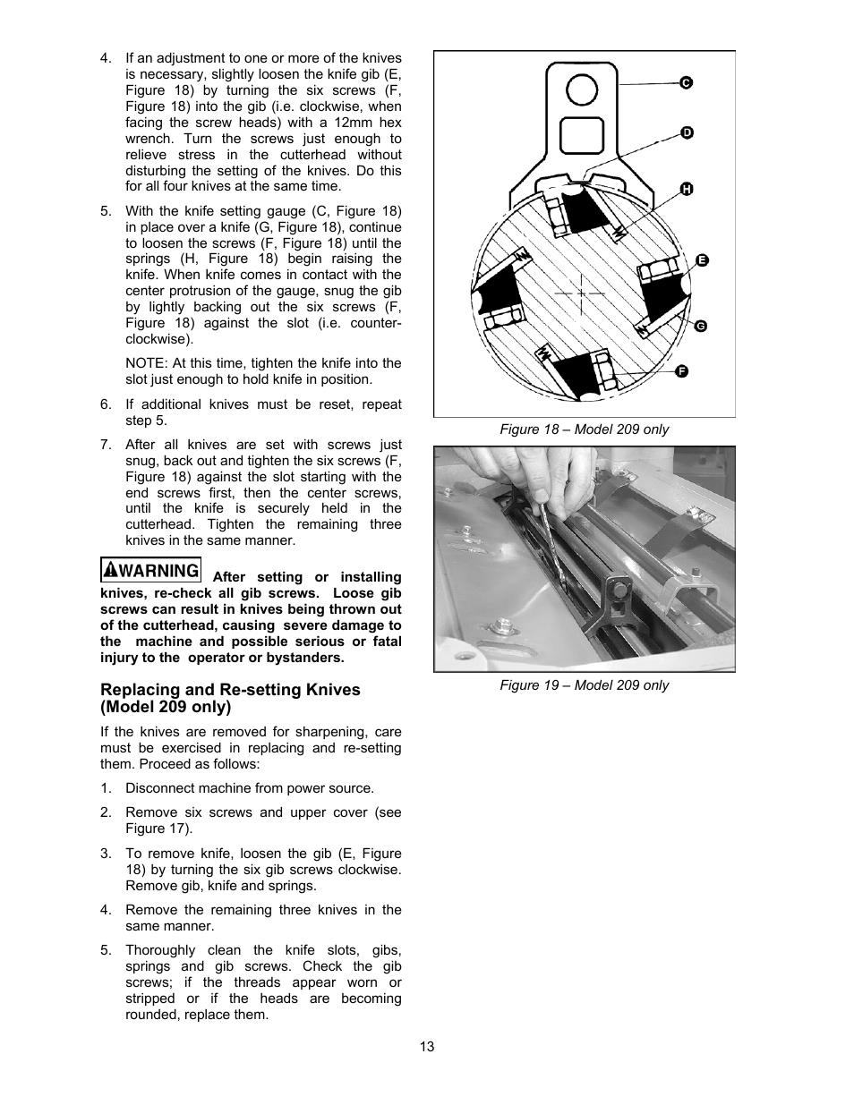 Replacing and re-setting knives (model 209 only) | Powermatic 209 User Manual | Page 13 / 40