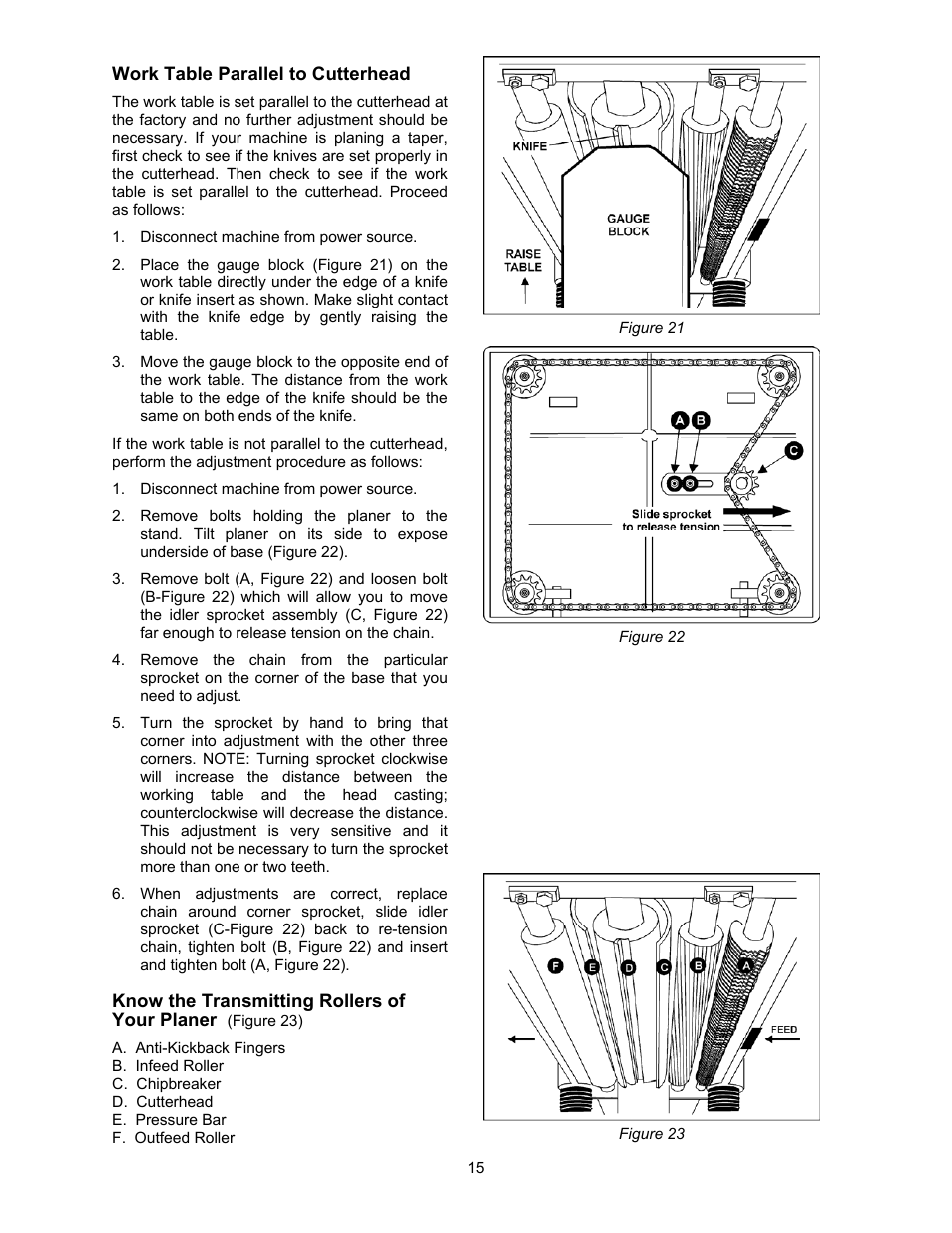 Work table parallel to cutterhead, Know the transmitting rollers of your planer | Powermatic 209 User Manual | Page 15 / 40