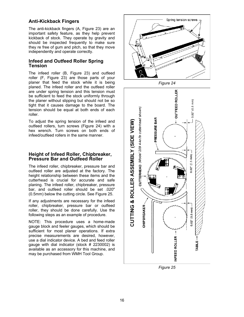 Anti-kickback fingers, Infeed and outfeed roller spring tension | Powermatic 209 User Manual | Page 16 / 40