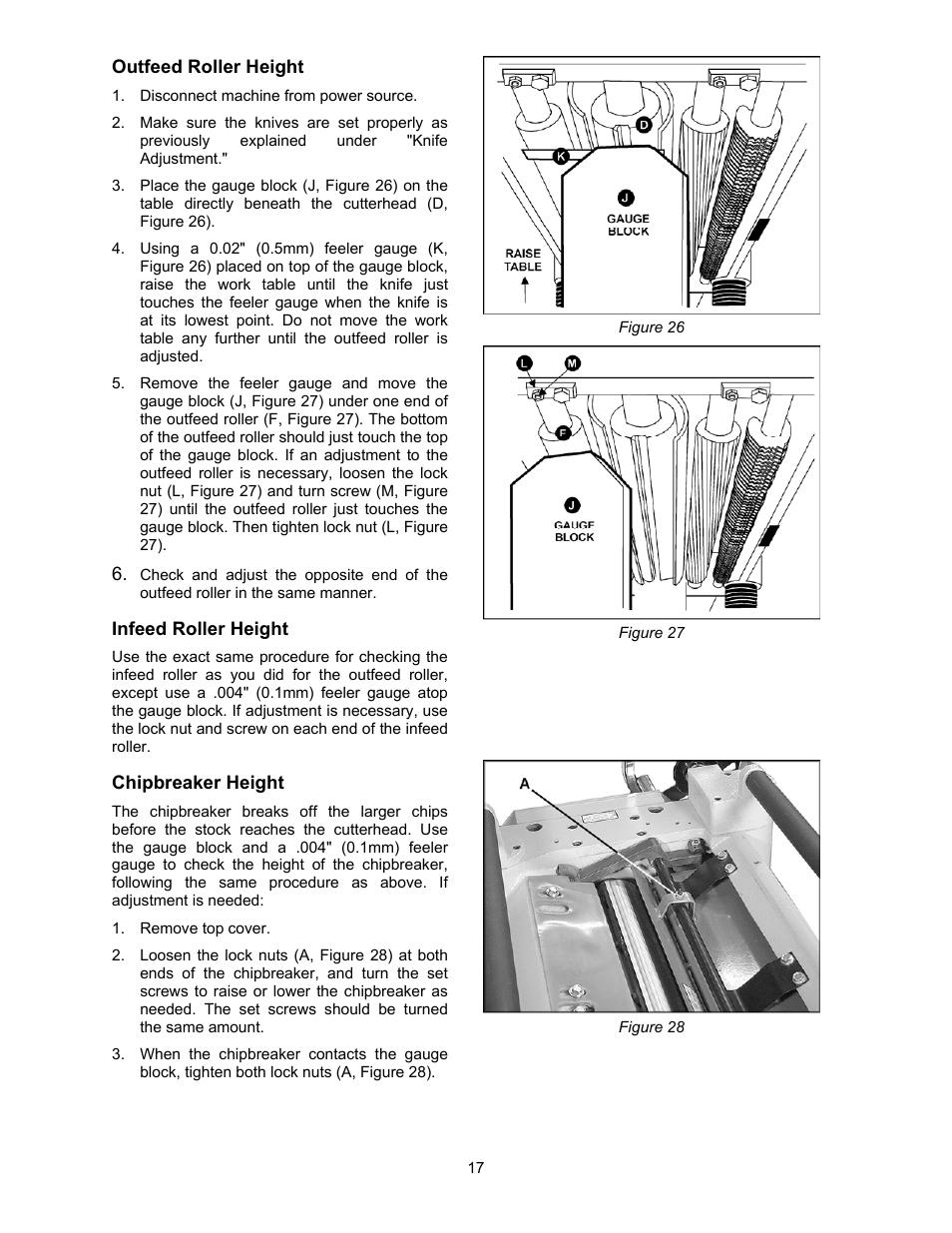 Outfeed roller height, Infeed roller height, Chipbreaker height | Powermatic 209 User Manual | Page 17 / 40