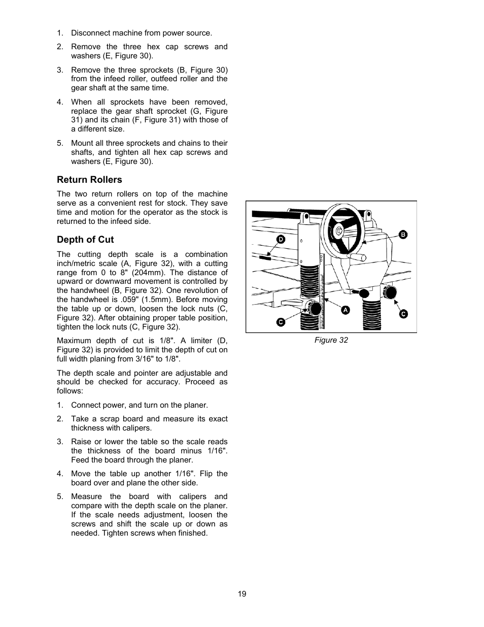 Return rollers, Depth of cut | Powermatic 209 User Manual | Page 19 / 40