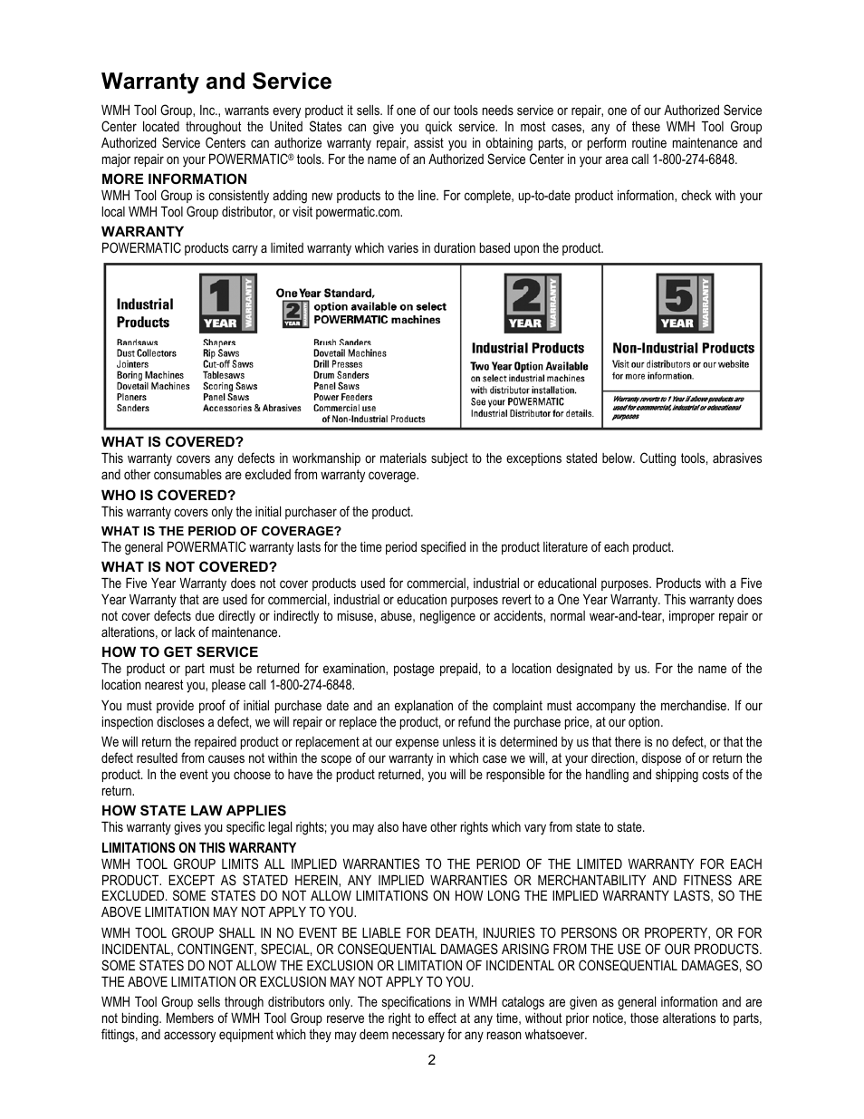 Warranty and service | Powermatic 209 User Manual | Page 2 / 40