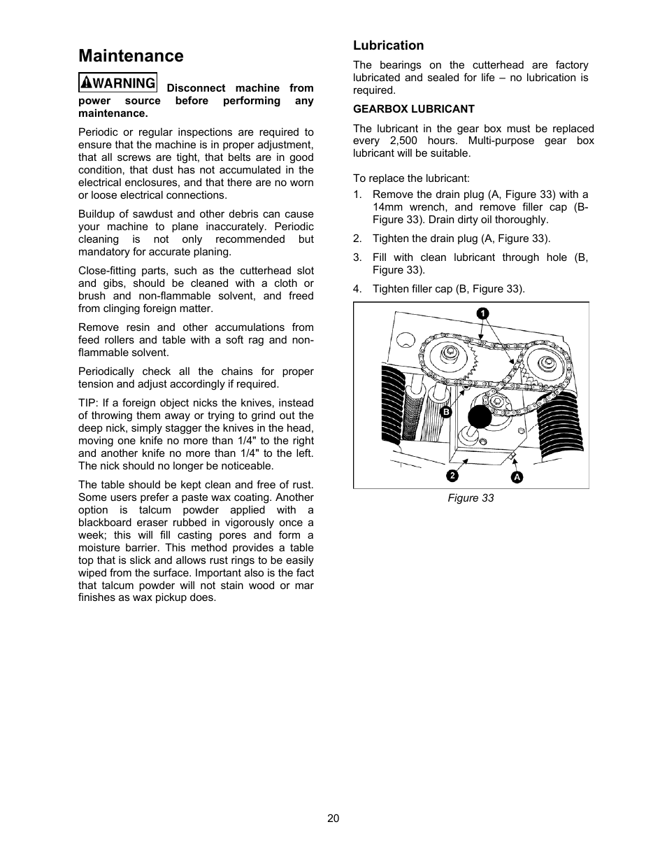 Maintenance, Lubrication | Powermatic 209 User Manual | Page 20 / 40