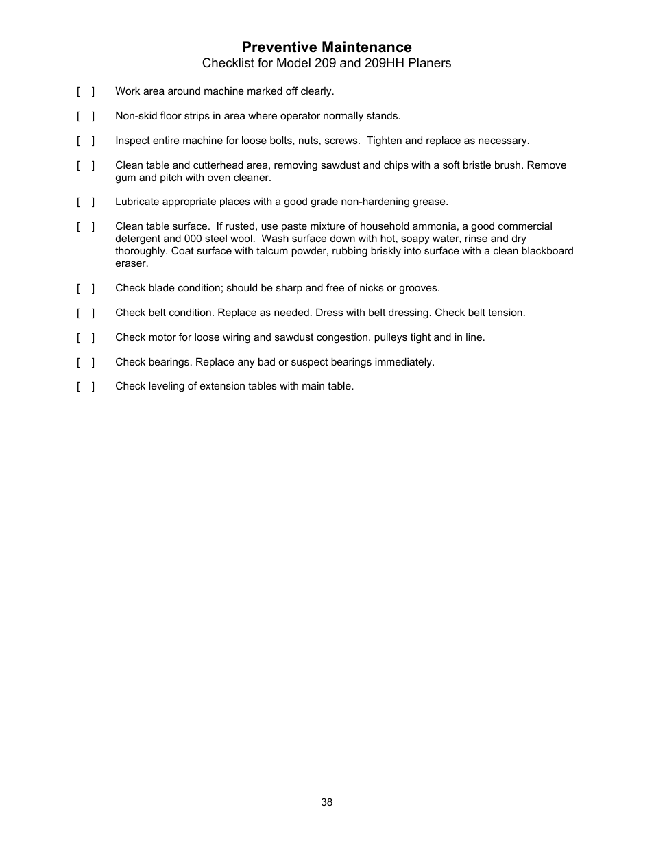 Preventive maintenance | Powermatic 209 User Manual | Page 38 / 40