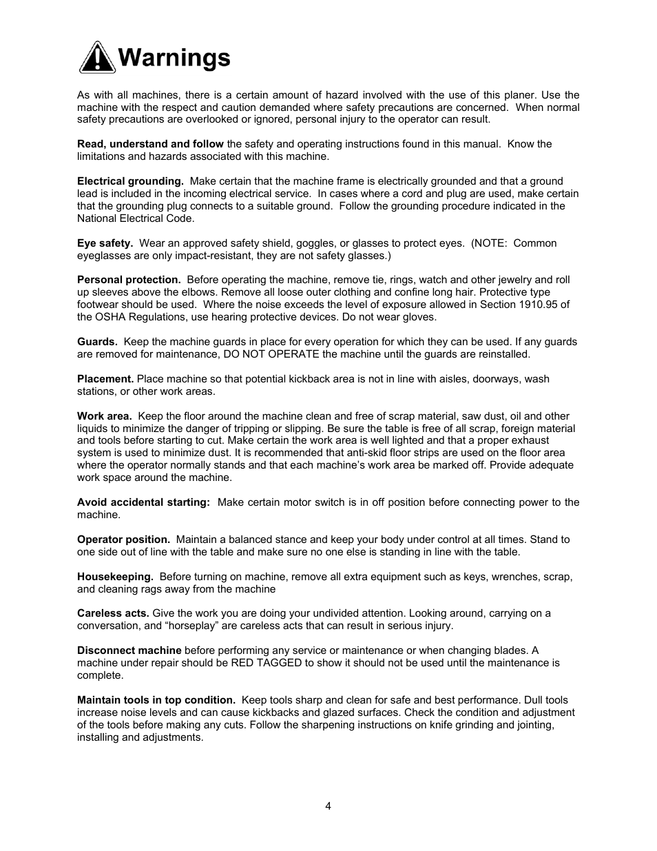 Warnings | Powermatic 209 User Manual | Page 4 / 40