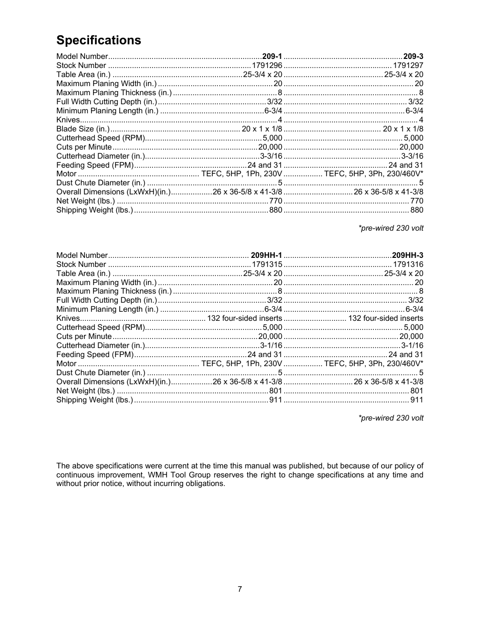 Specifications | Powermatic 209 User Manual | Page 7 / 40