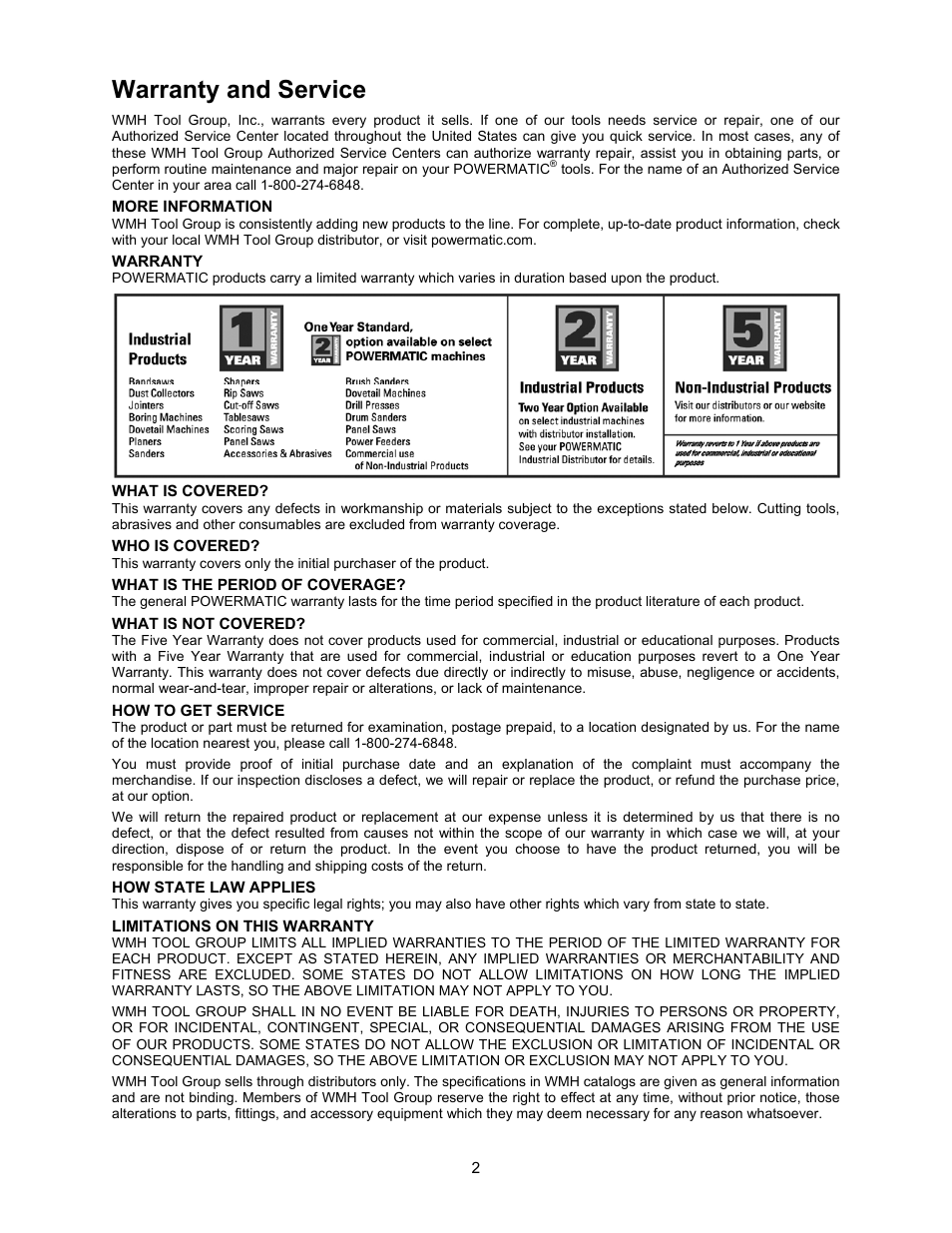 Warranty and service | Powermatic 2013 User Manual | Page 2 / 60