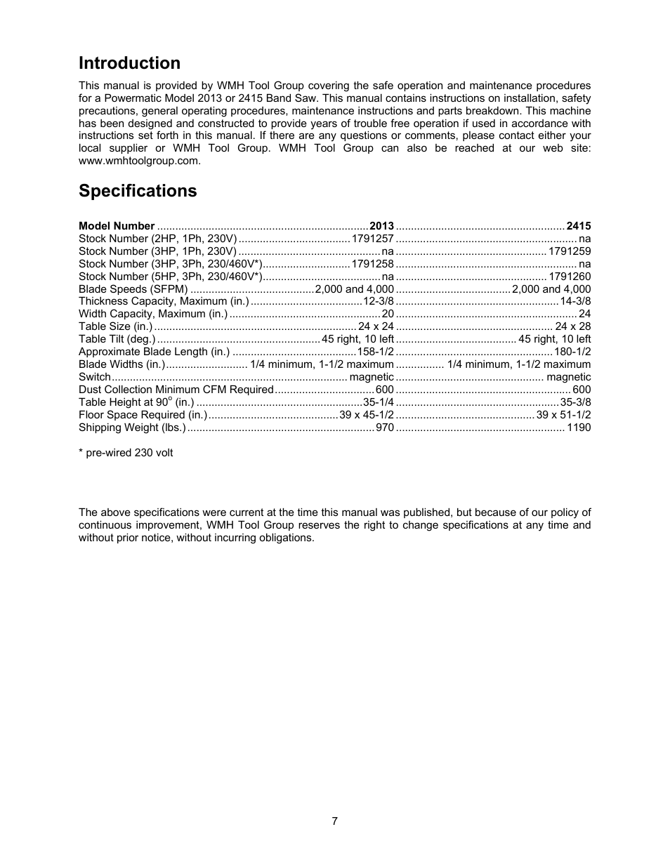 Introduction, Specifications | Powermatic 2013 User Manual | Page 7 / 60