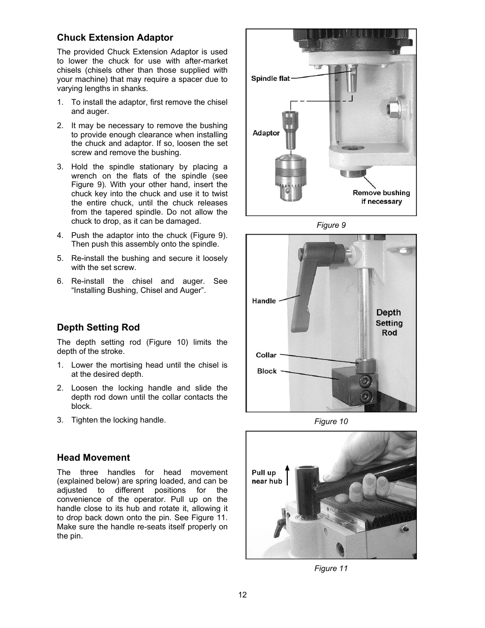 Chuck extension adaptor, Depth setting rod, Head movement | Powermatic 720HD User Manual | Page 12 / 24