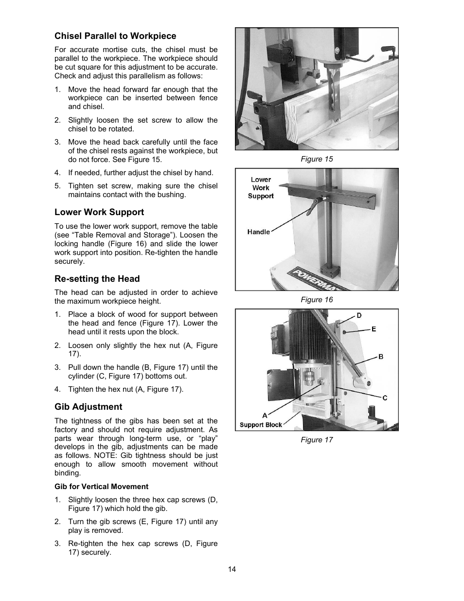 Chisel parallel to workpiece, Lower work support, Re-setting the head | Gib adjustment | Powermatic 720HD User Manual | Page 14 / 24