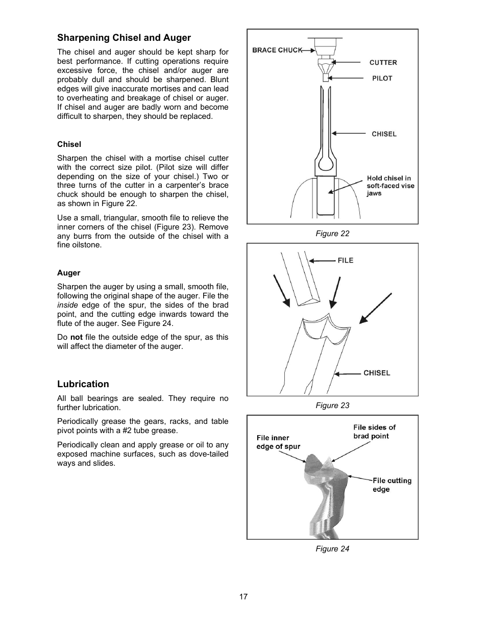 Sharpening chisel and auger, Lubrication | Powermatic 720HD User Manual | Page 17 / 24