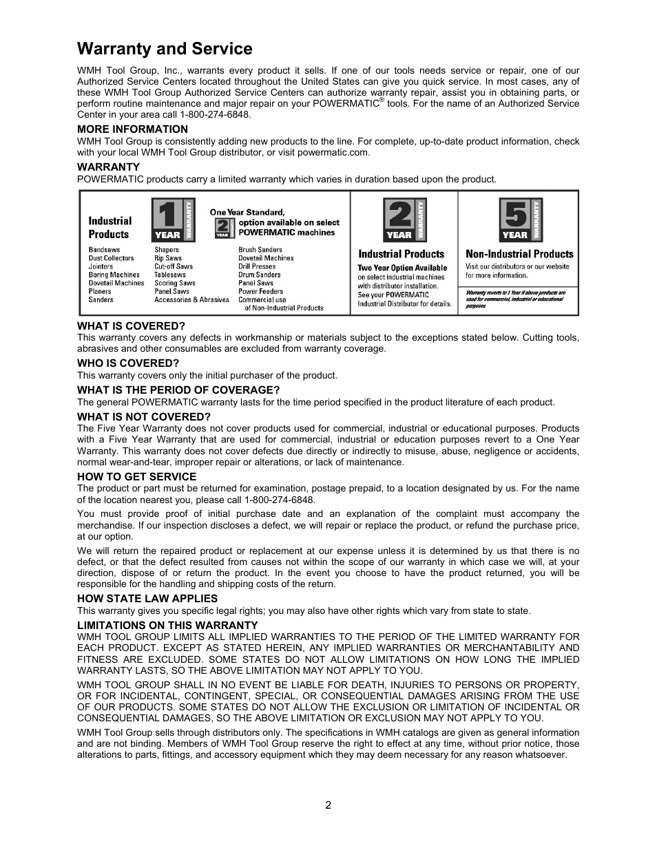 Warranty and service | Powermatic 720HD User Manual | Page 2 / 24