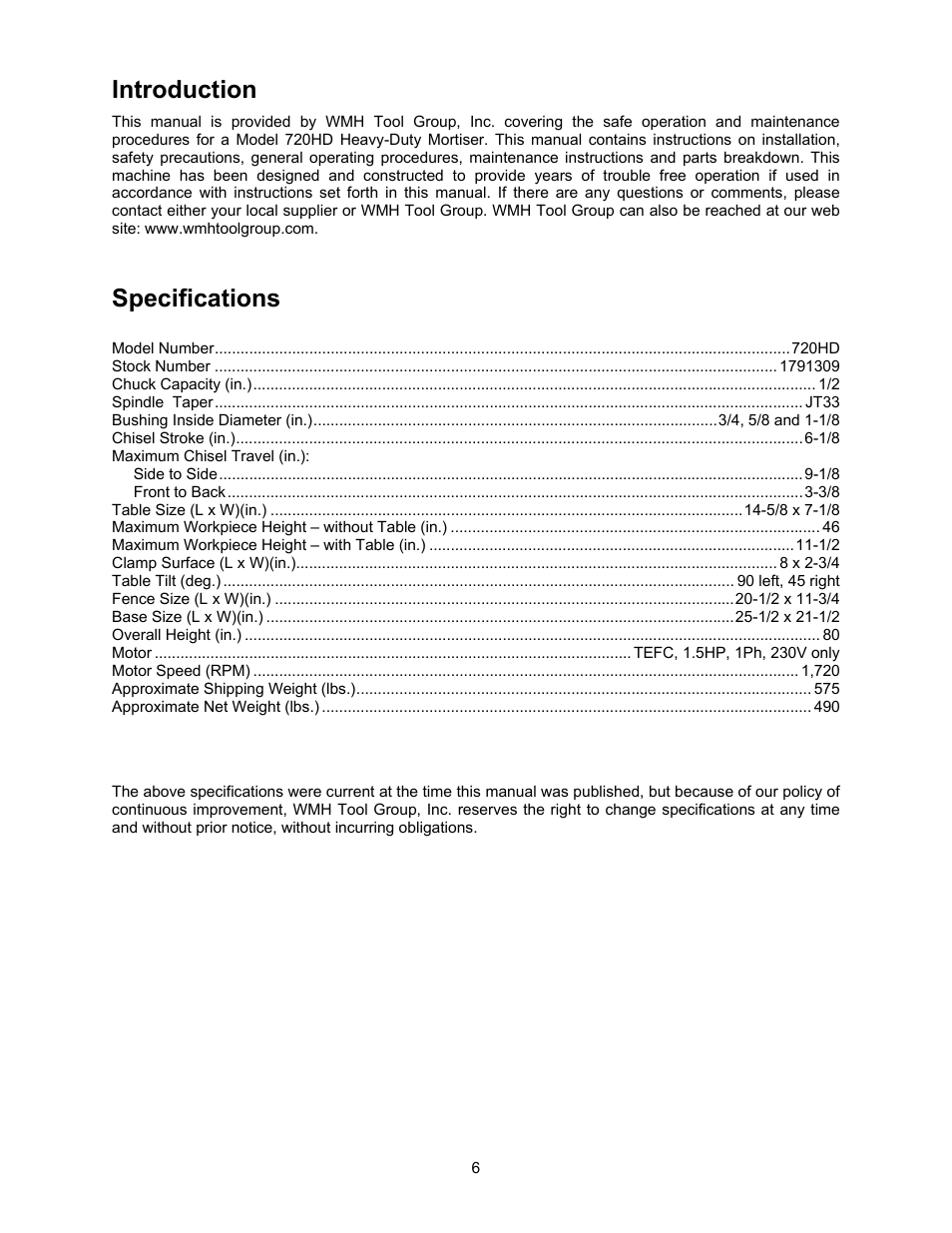 Introduction, Specifications | Powermatic 720HD User Manual | Page 6 / 24