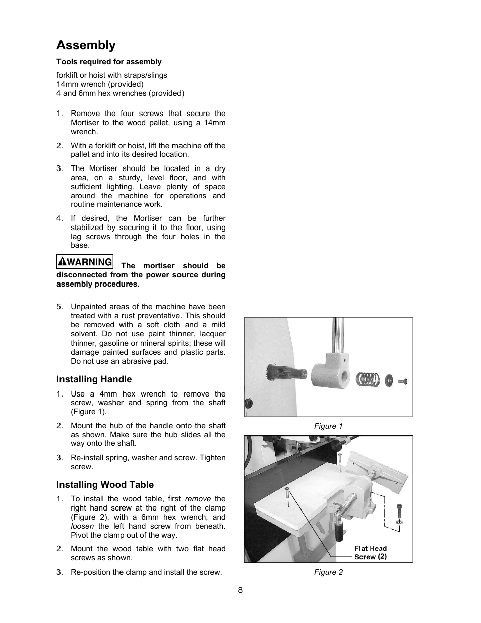 Assembly, Installing handle, Installing wood table | Powermatic 720HD User Manual | Page 8 / 24