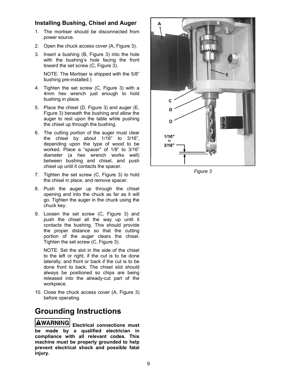 Installing bushing, chisel and auger, Grounding instructions | Powermatic 720HD User Manual | Page 9 / 24