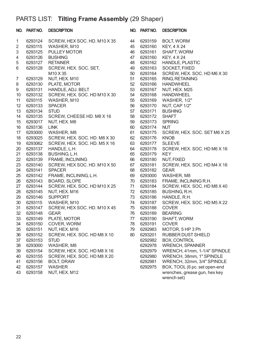 Parts list: tilting frame assembly (29 shaper) | Powermatic Wood Shaper 29 User Manual | Page 22 / 28