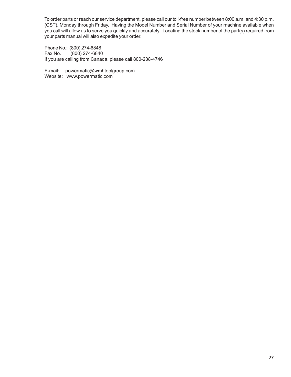 Powermatic Wood Shaper 29 User Manual | Page 27 / 28