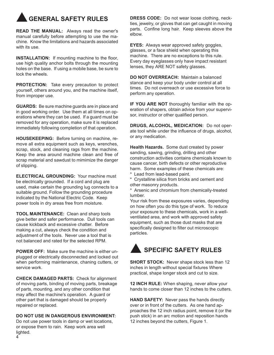 General safety rules, Specific safety rules | Powermatic Wood Shaper 29 User Manual | Page 4 / 28