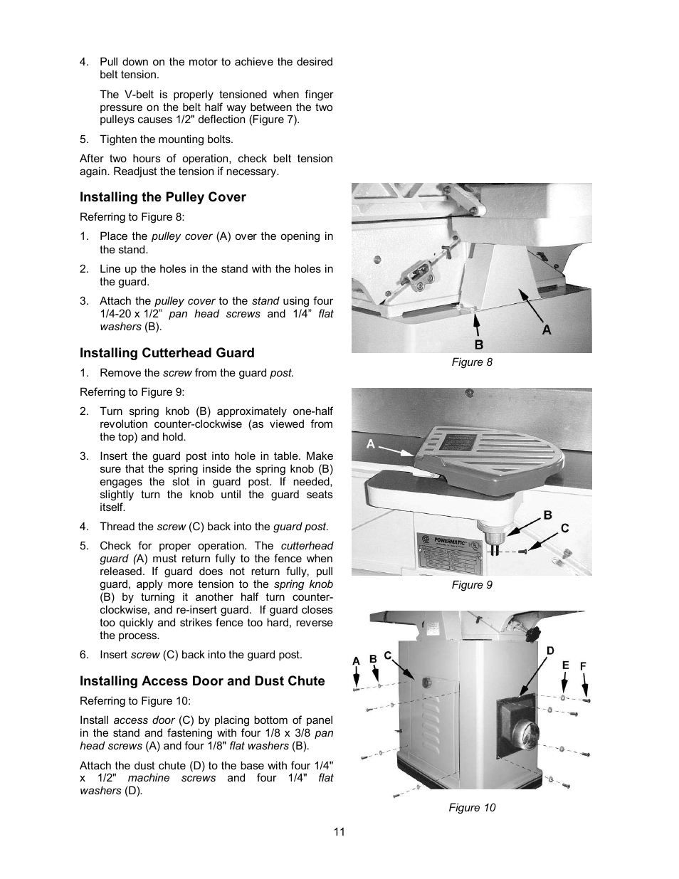 Installing the pulley cover, Installing cutterhead guard, Installing access door and dust chute | Powermatic 54HH User Manual | Page 11 / 40