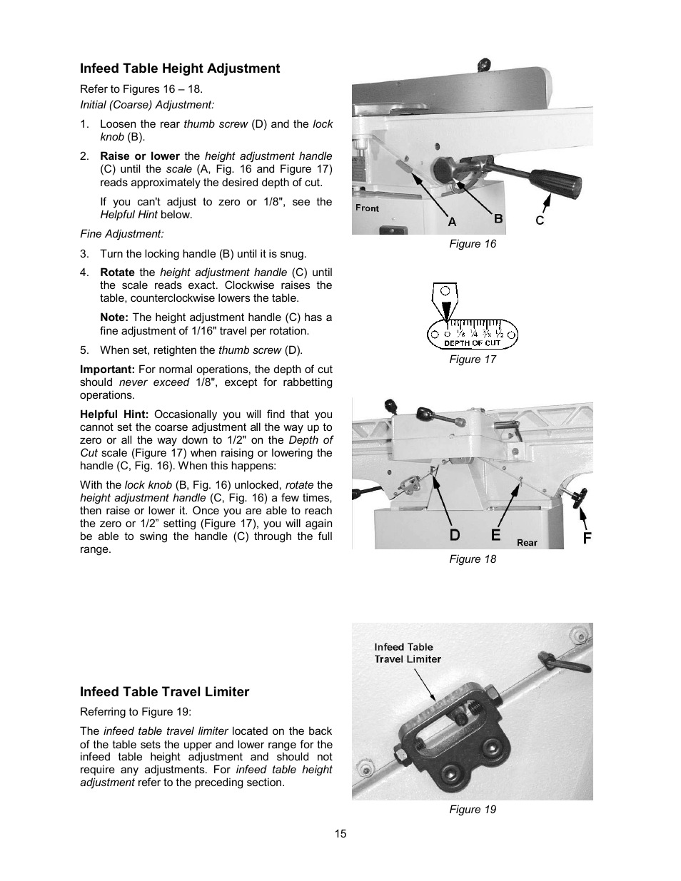 Infeed table height adjustment, Infeed table travel limiter | Powermatic 54HH User Manual | Page 15 / 40