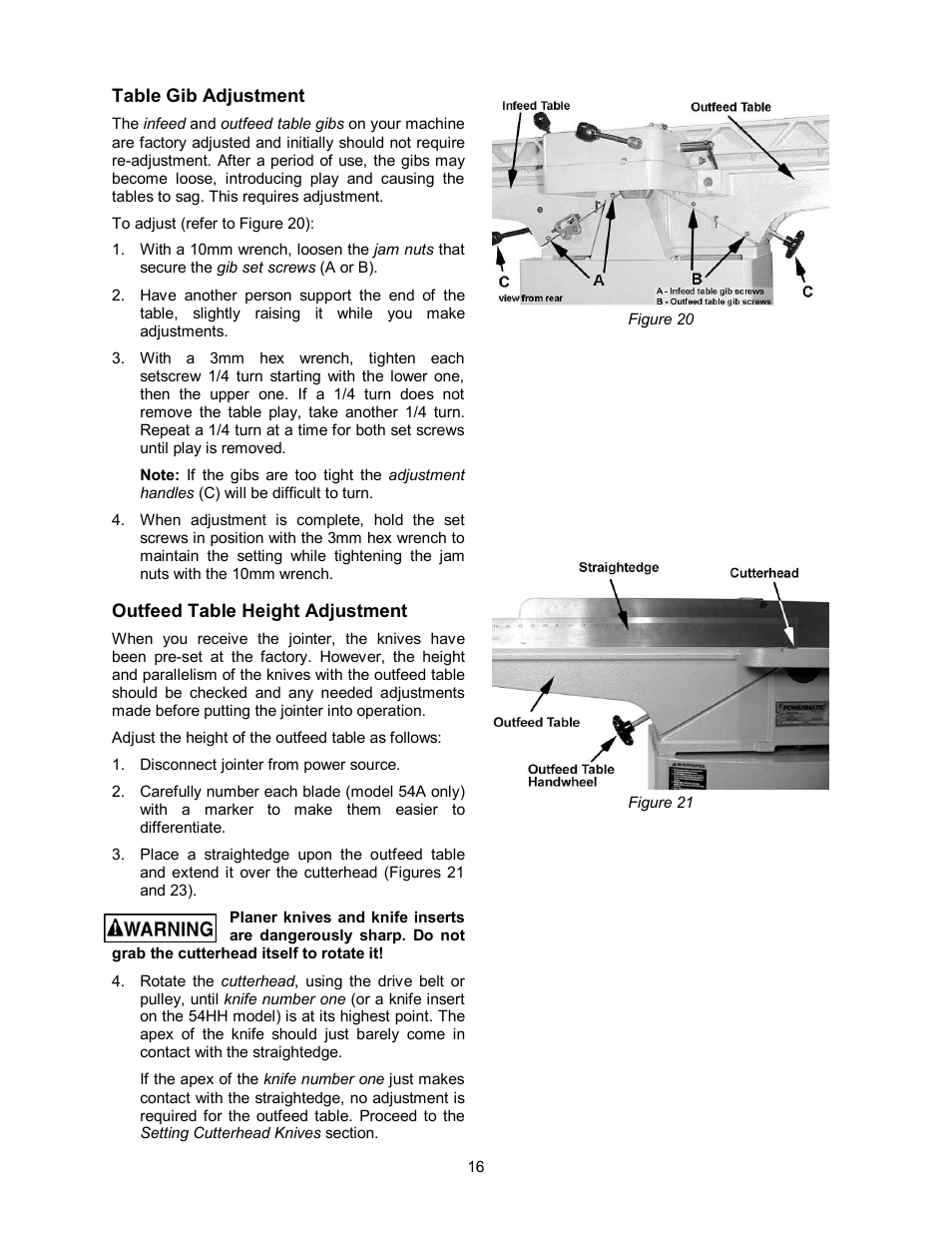 Table gib adjustment, Outfeed table height adjustment | Powermatic 54HH User Manual | Page 16 / 40
