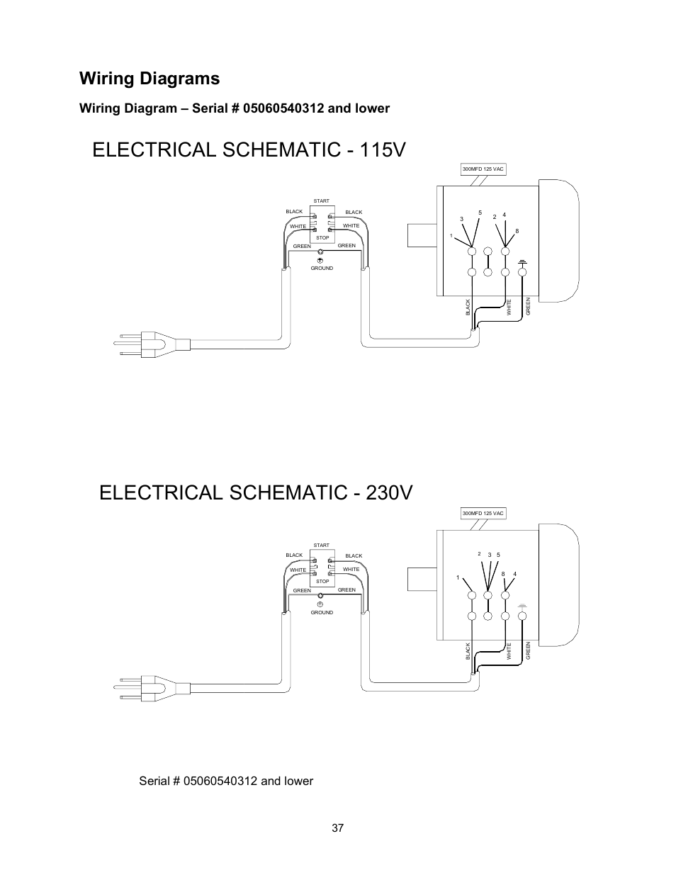 Wiring diagrams, Electrical schematic - 115v, Electrical schematic - 230v | Powermatic 54HH User Manual | Page 37 / 40