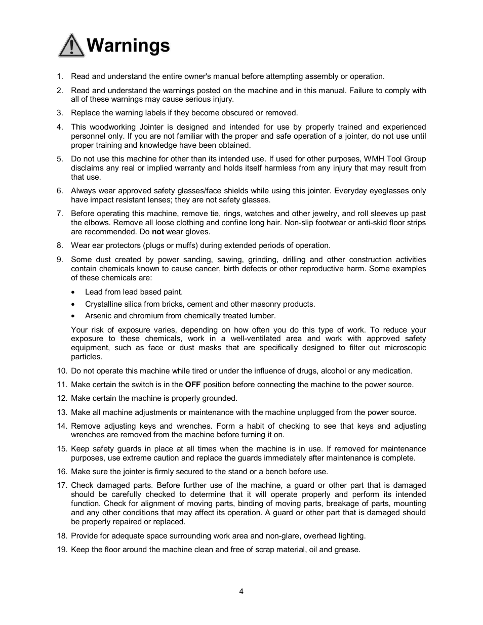 Warnings | Powermatic 54HH User Manual | Page 4 / 40