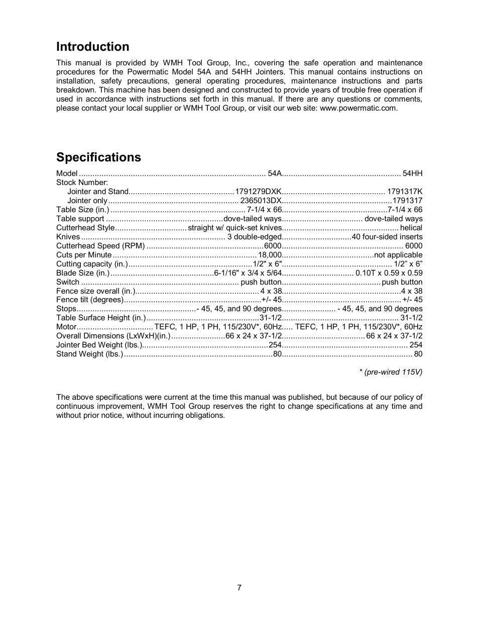 Specifications, Introduction | Powermatic 54HH User Manual | Page 7 / 40