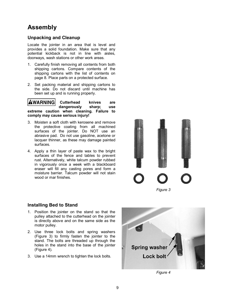 Assembly, Unpacking and cleanup, Installing bed to stand | Powermatic 54HH User Manual | Page 9 / 40
