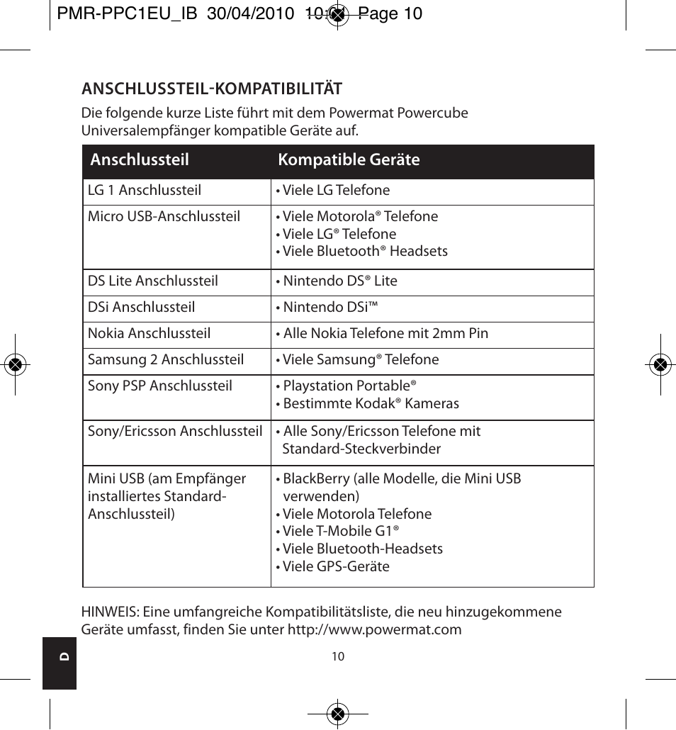 Powermatic POWERMAT PMR-PPC1EU_IB User Manual | Page 10 / 44