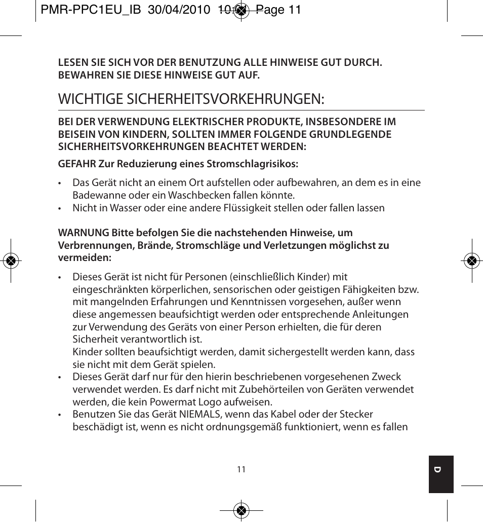 Wichtige sicherheitsvorkehrungen | Powermatic POWERMAT PMR-PPC1EU_IB User Manual | Page 11 / 44