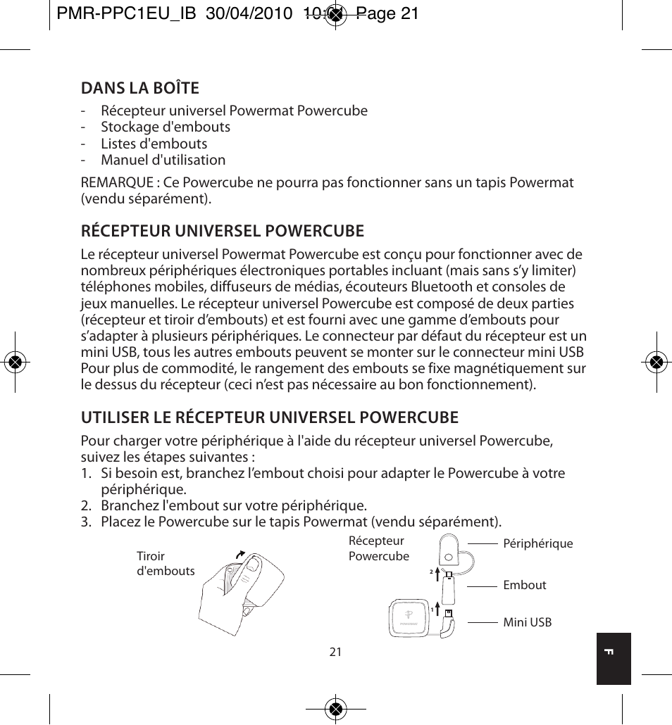 Dans la boîte, Récepteur universel powercube, Utiliser le récepteur universel powercube | Powermatic POWERMAT PMR-PPC1EU_IB User Manual | Page 21 / 44