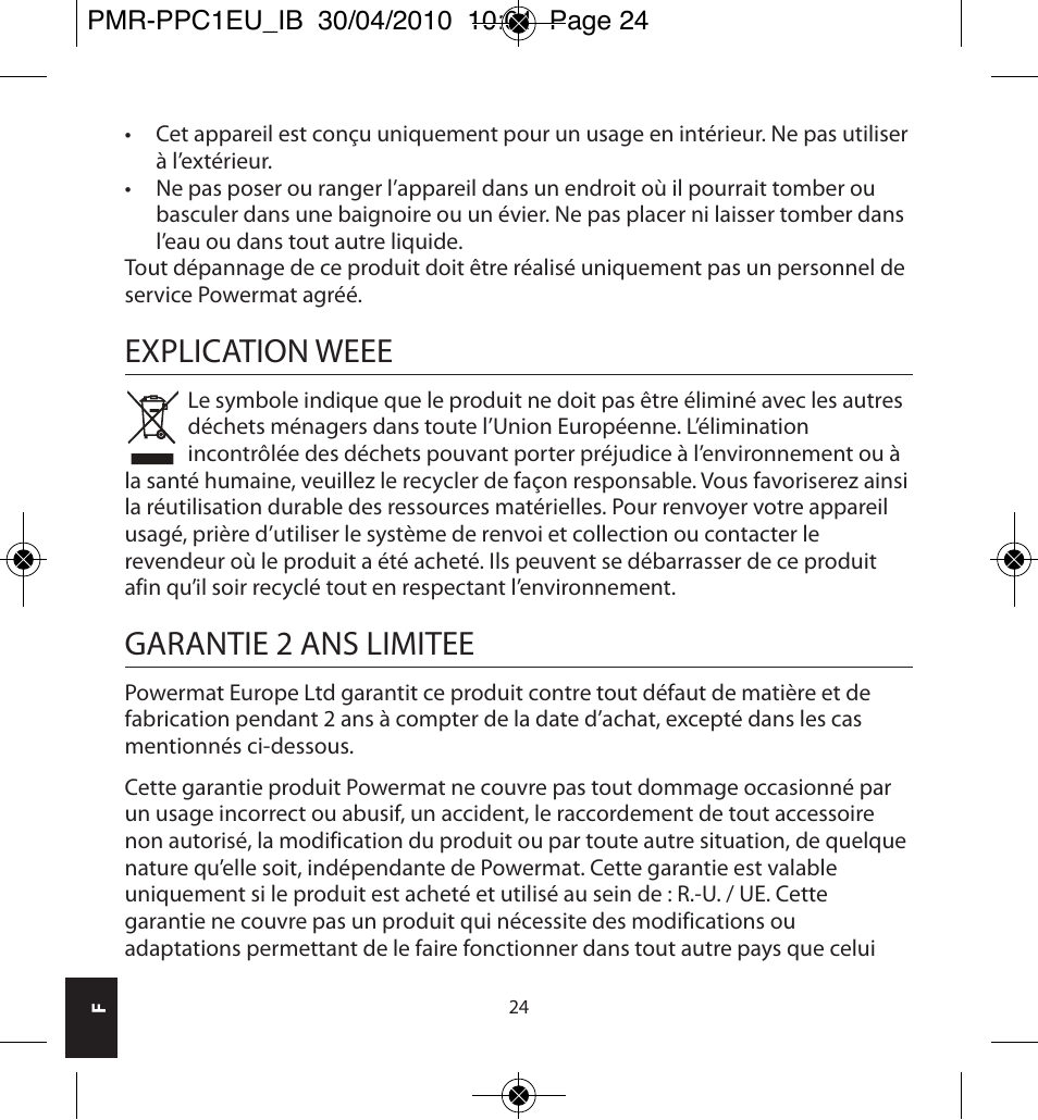 Explication weee, Garantie 2 ans limitee | Powermatic POWERMAT PMR-PPC1EU_IB User Manual | Page 24 / 44