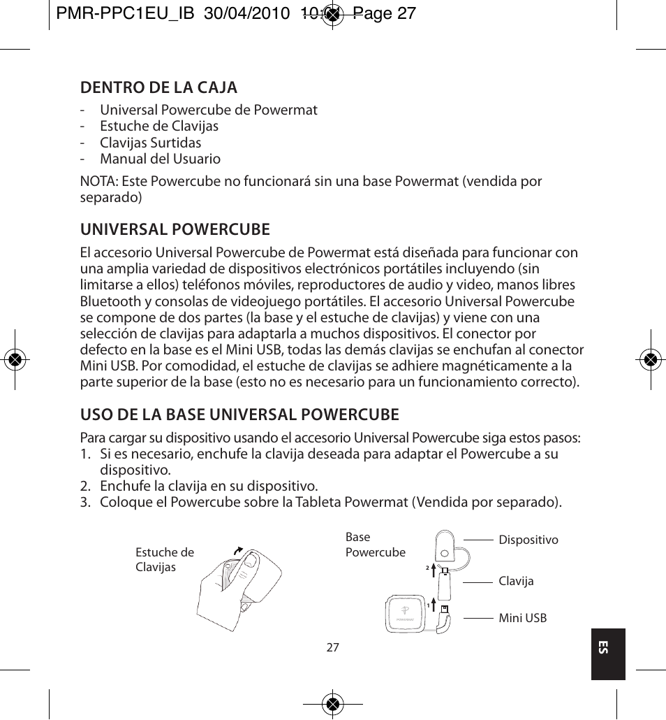 Dentro de la caja, Universal powercube, Uso de la base universal powercube | Powermatic POWERMAT PMR-PPC1EU_IB User Manual | Page 27 / 44