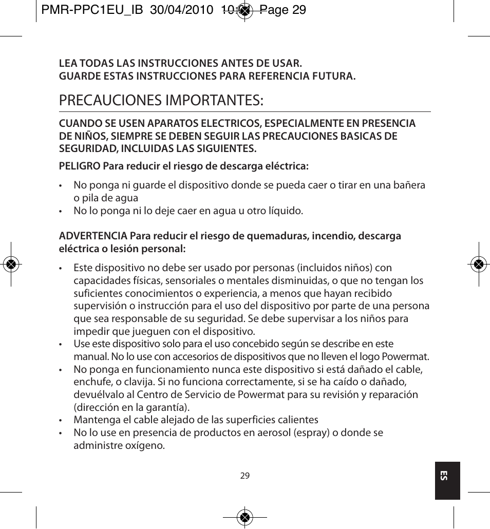 Precauciones importantes | Powermatic POWERMAT PMR-PPC1EU_IB User Manual | Page 29 / 44