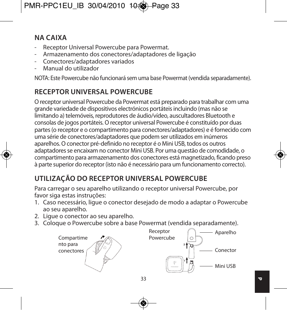 Na caixa, Receptor universal powercube, Utilização do receptor universal powercube | Powermatic POWERMAT PMR-PPC1EU_IB User Manual | Page 33 / 44