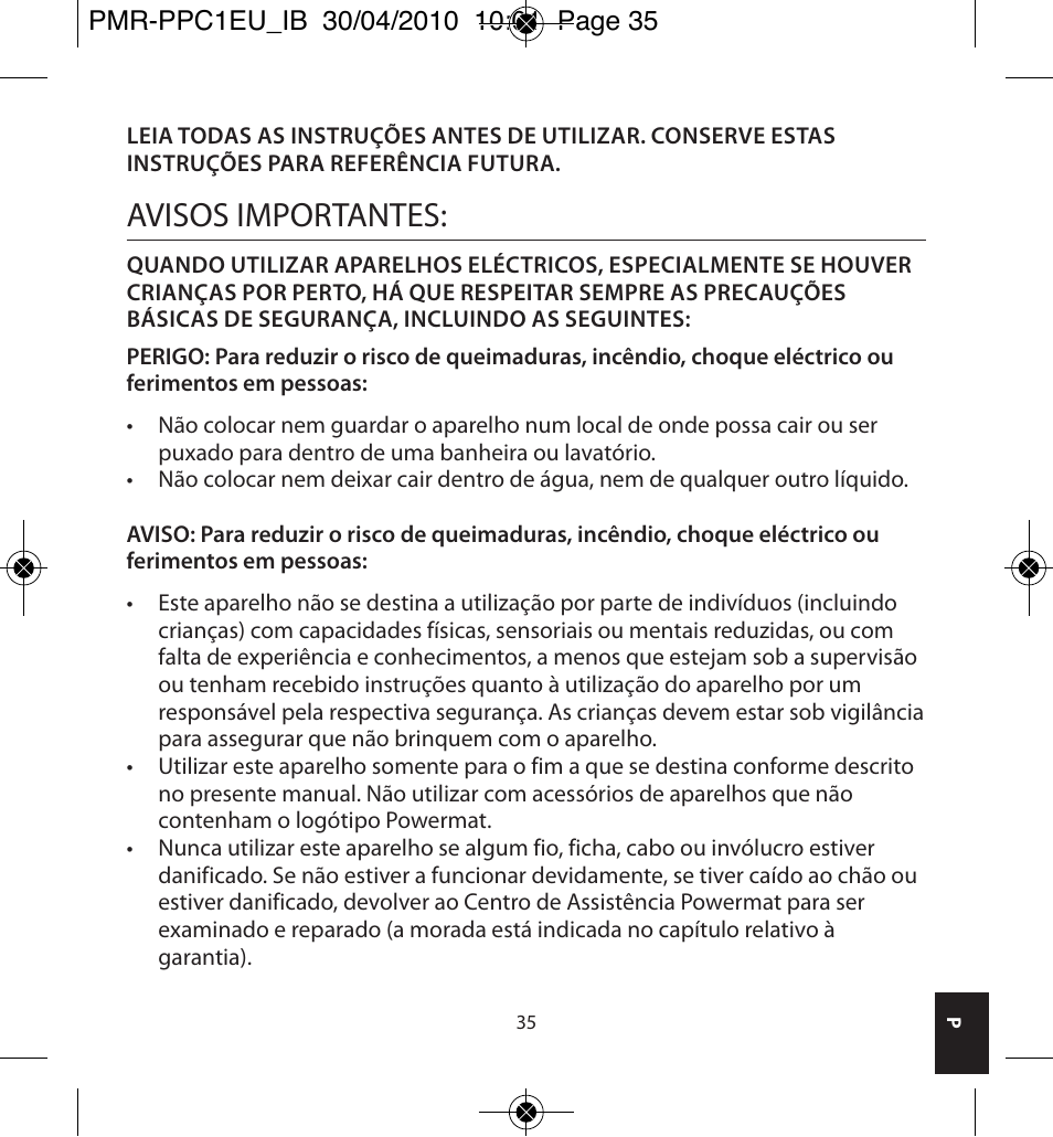 Avisos importantes | Powermatic POWERMAT PMR-PPC1EU_IB User Manual | Page 35 / 44