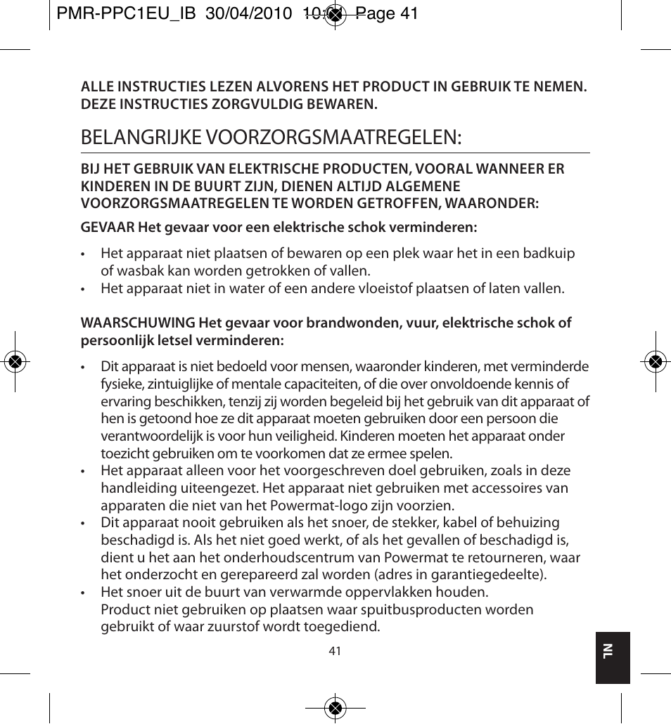 Belangrijke voorzorgsmaatregelen | Powermatic POWERMAT PMR-PPC1EU_IB User Manual | Page 41 / 44