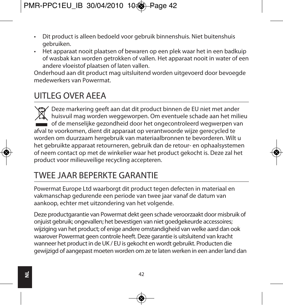 Uitleg over aeea, Twee jaar beperkte garantie | Powermatic POWERMAT PMR-PPC1EU_IB User Manual | Page 42 / 44
