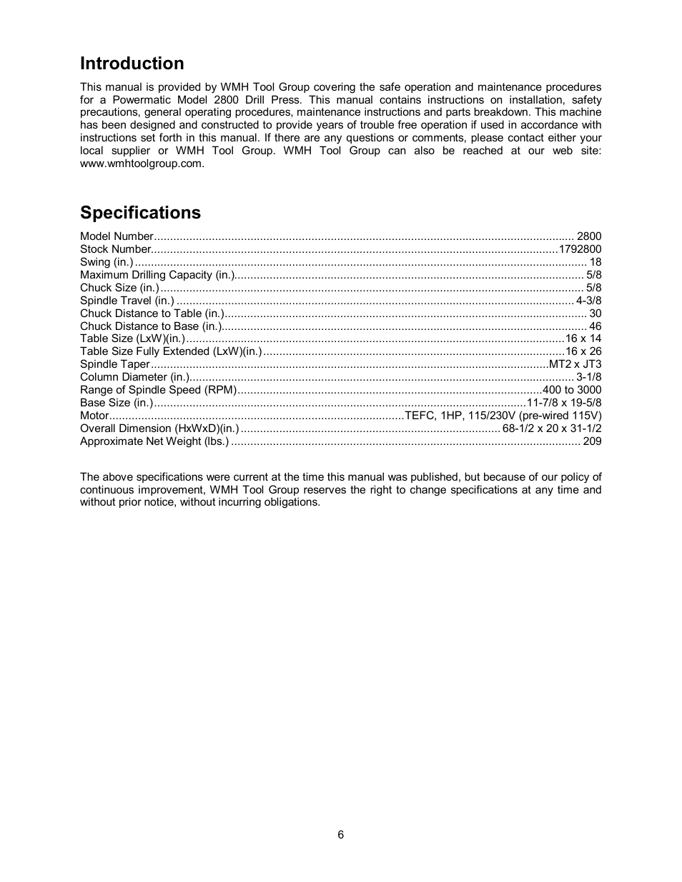Introduction, Specifications | Powermatic 2800 User Manual | Page 6 / 24