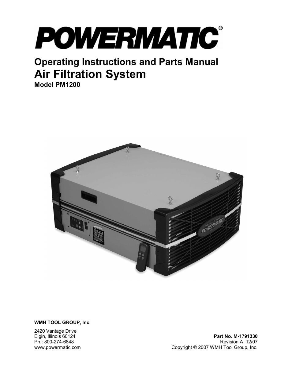 Powermatic AIR FILTRATION SYSTEM PM1200 User Manual | 16 pages