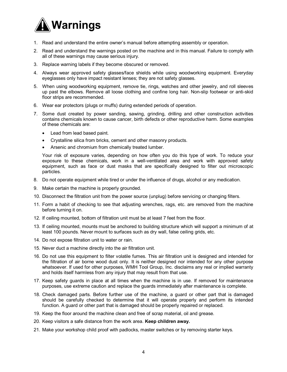 Warnings | Powermatic AIR FILTRATION SYSTEM PM1200 User Manual | Page 4 / 16