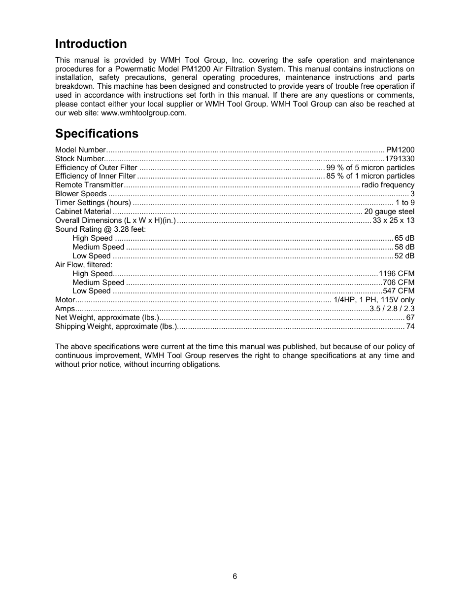 Specifications, Introduction | Powermatic AIR FILTRATION SYSTEM PM1200 User Manual | Page 6 / 16