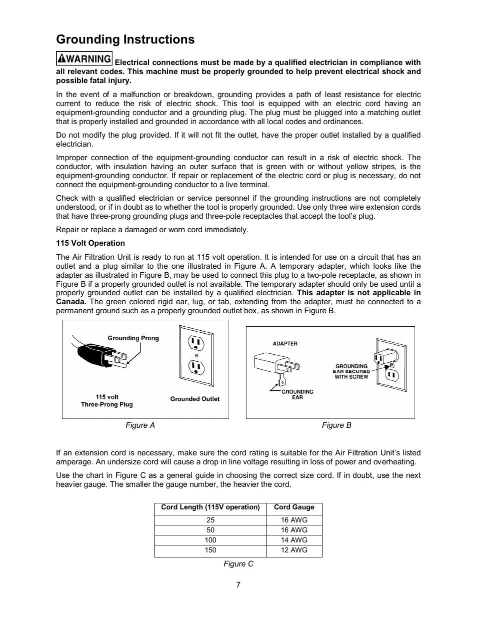 Grounding instructions | Powermatic AIR FILTRATION SYSTEM PM1200 User Manual | Page 7 / 16