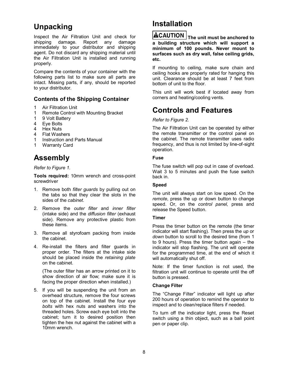 Unpacking, Assembly, Installation | Controls and features | Powermatic AIR FILTRATION SYSTEM PM1200 User Manual | Page 8 / 16