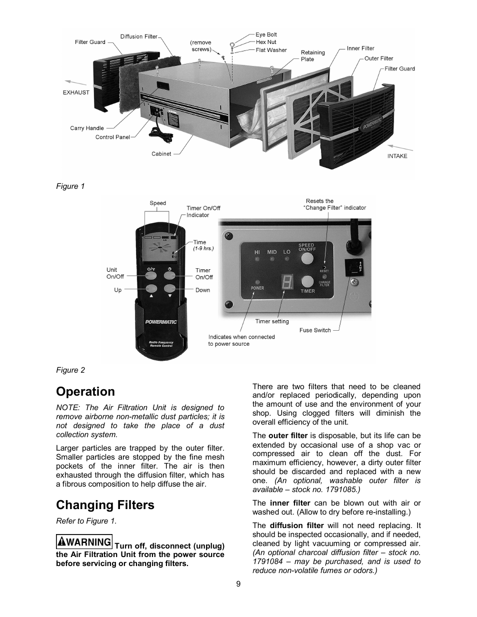 Operation, Changing filters | Powermatic AIR FILTRATION SYSTEM PM1200 User Manual | Page 9 / 16