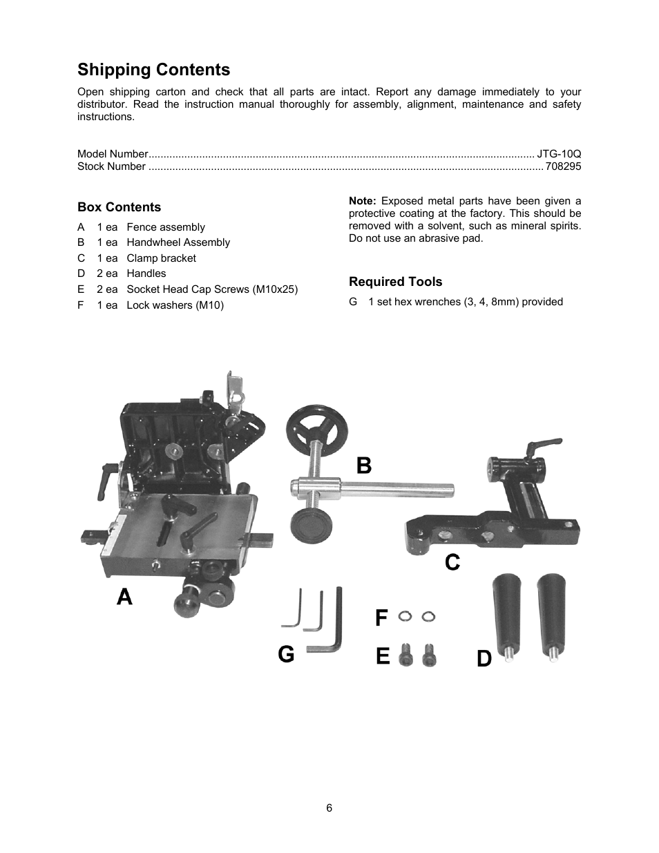 Shipping contents | Powermatic JTG-10Q User Manual | Page 6 / 12