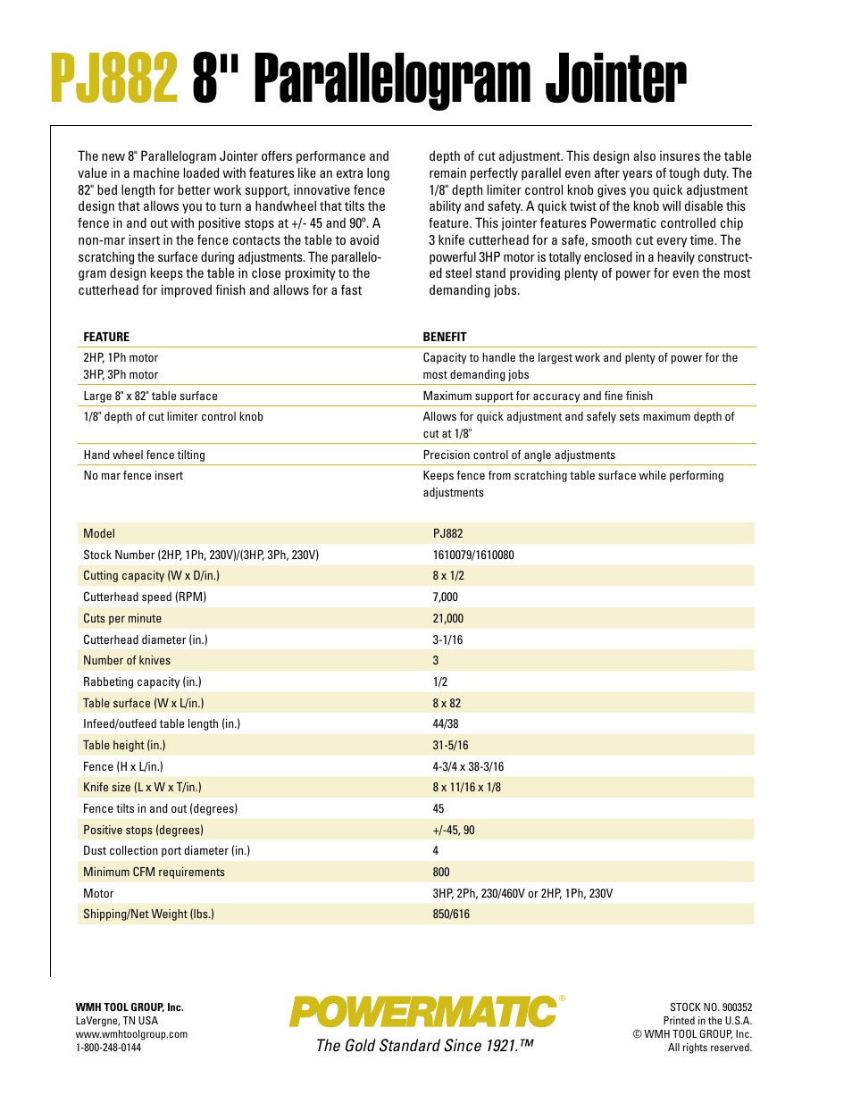 Pj882 8" parallelogram jointer | Powermatic PJ882 User Manual | Page 2 / 2