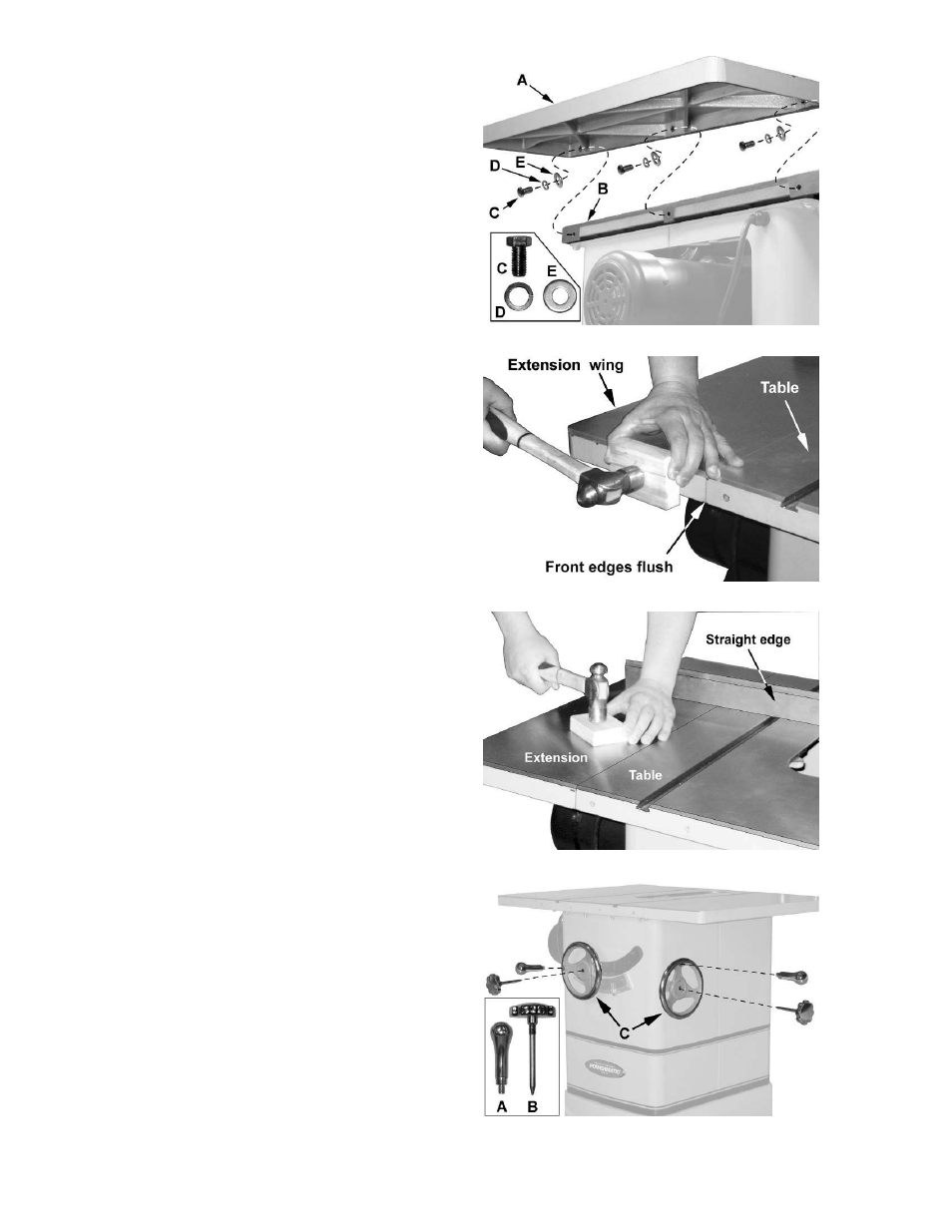 Assembly, Mounting extension wings, Lock knobs and swivel handles | Powermatic PM3000 User Manual | Page 9 / 36
