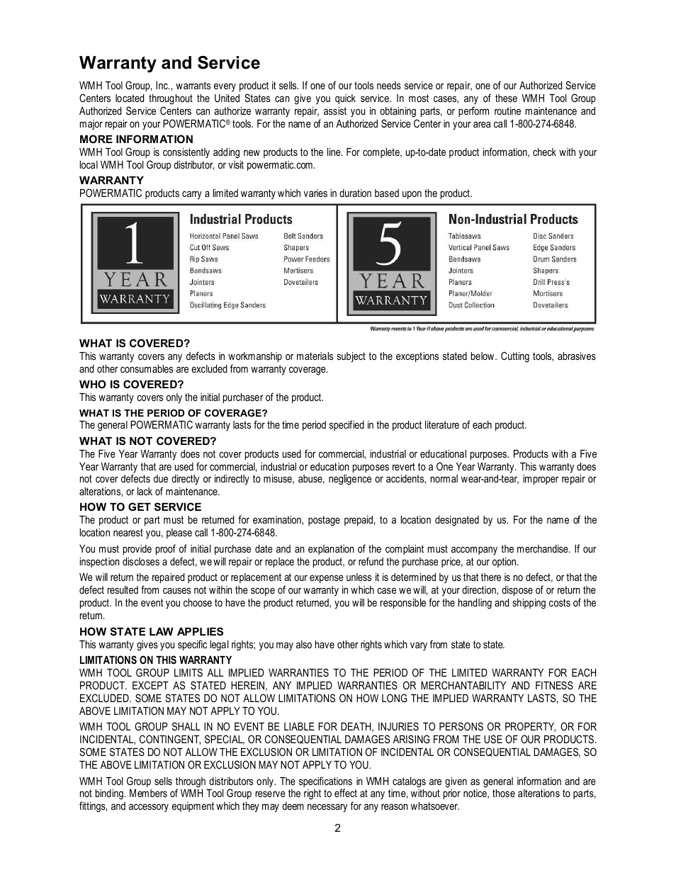 Warranty and service | Powermatic 60B User Manual | Page 2 / 40